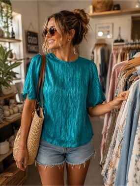 Vintage Women's Teal Textured Short Sleeve Blouse — Casual Chic